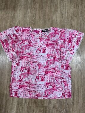 New Karl Lagerfeld Hot Pink and White Scenic Print Top L